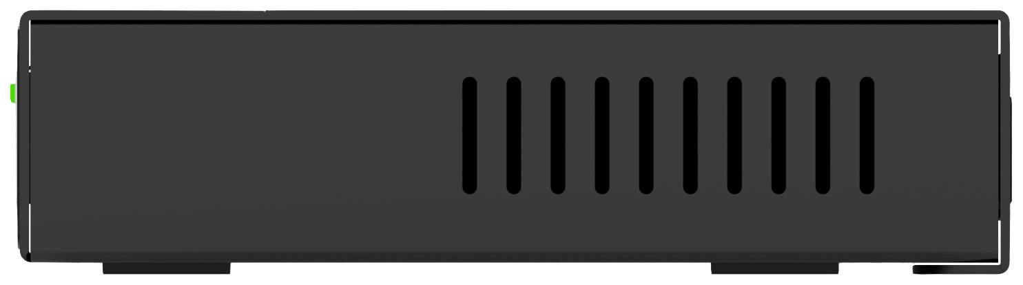 Une boîte électronique noire rectangulaire avec des fentes de ventilation sur un côté.