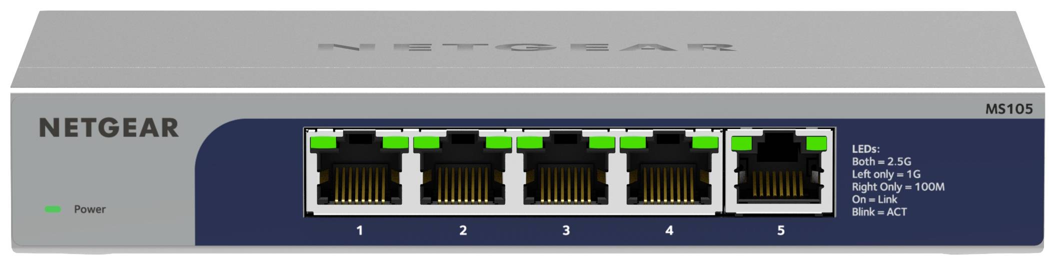 Commutateur réseau NETGEAR M5105 avec cinq ports Ethernet, adapté aux transferts de données et aux connexions réseau dans les environnements de bureau.