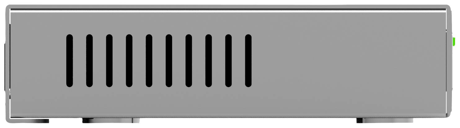 Un boîtier métallique gris avec des fentes de ventilation sur la façade et un voyant LED vert sur la droite.
