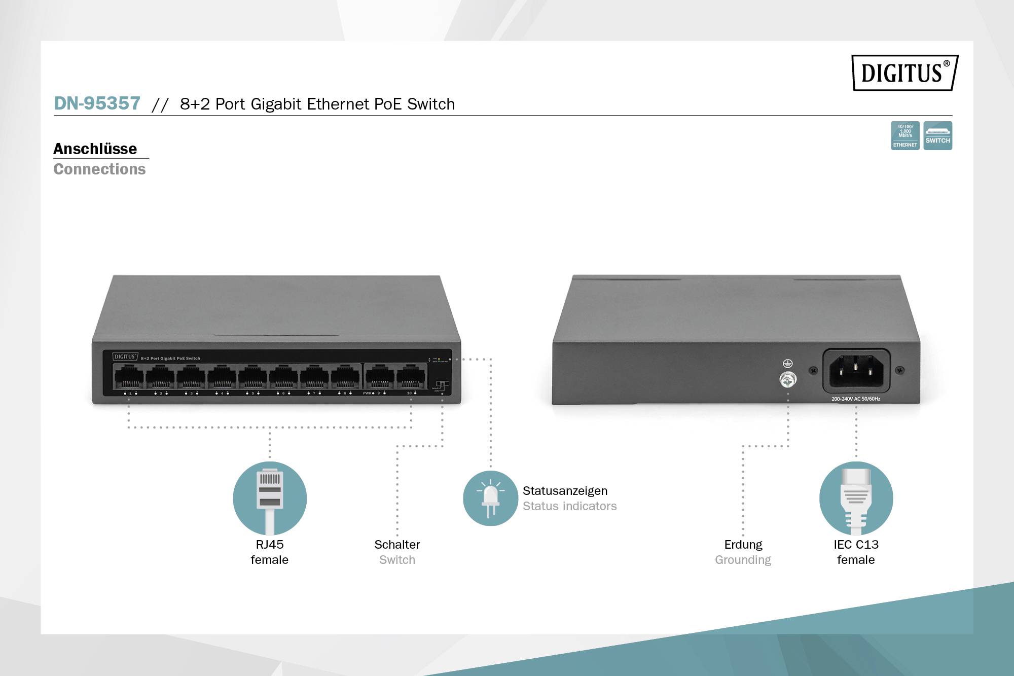 Switch réseau Digitus DN-95357 8+2 ports 10 / 100 / 1000 MBit/s fonction PoE