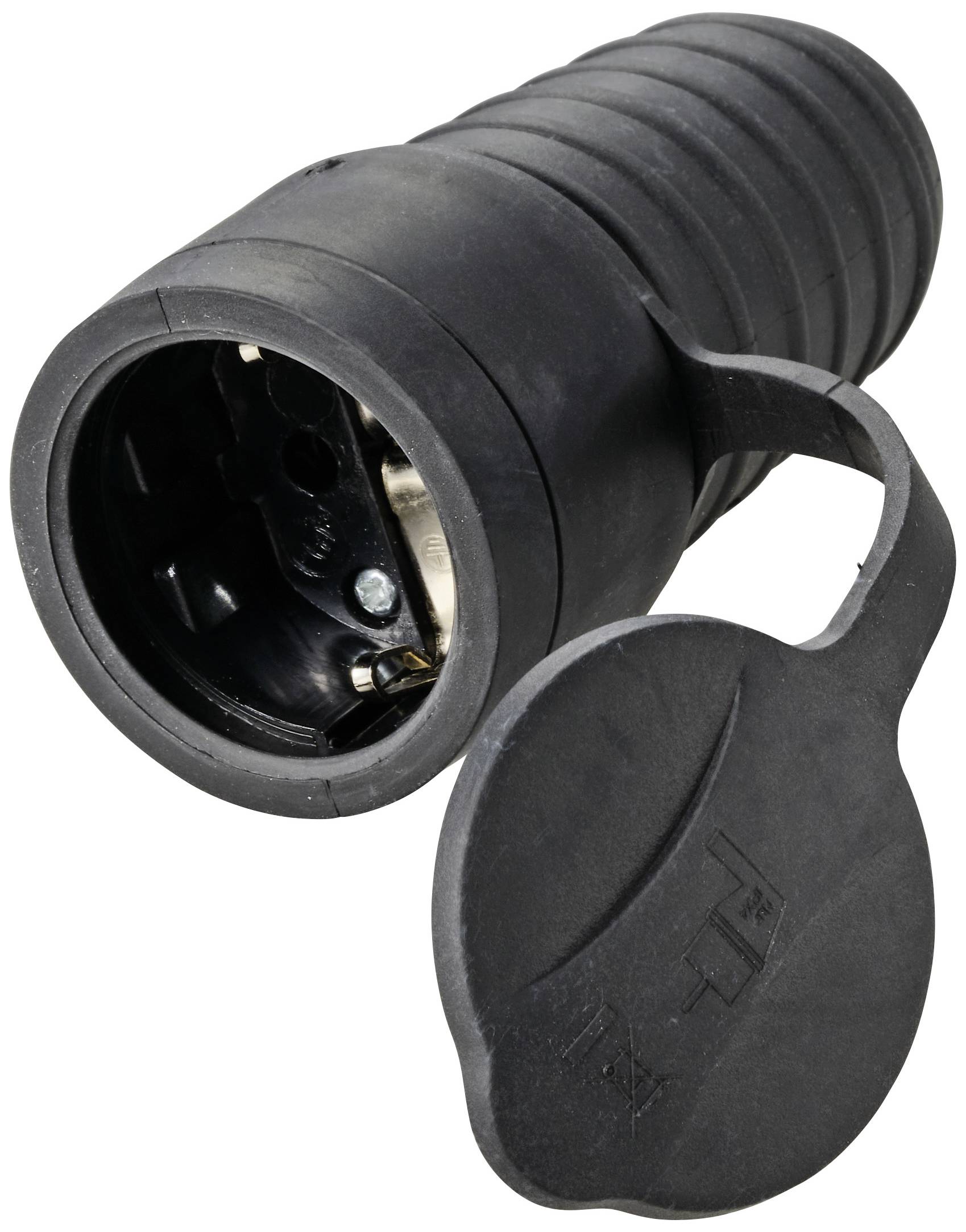Fiche de protection noire avec capuchon amovible, adaptée aux connexions électriques sécurisées en intérieur et en extérieur.