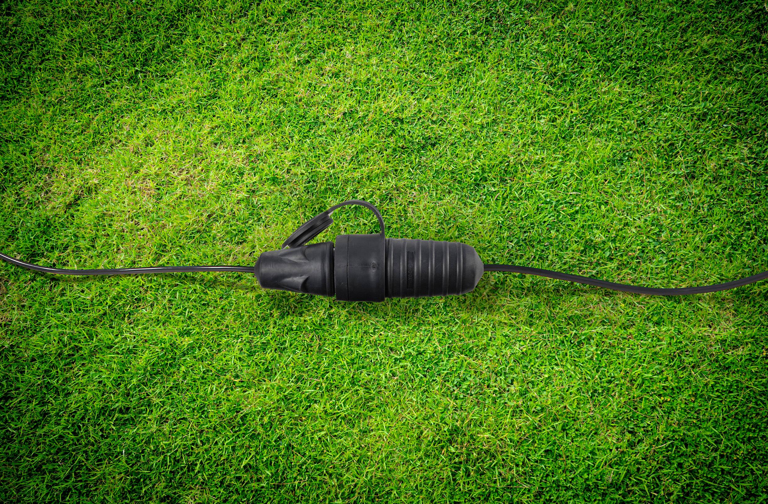 Un câble électrique avec une fiche noire est posé sur de l'herbe verte.