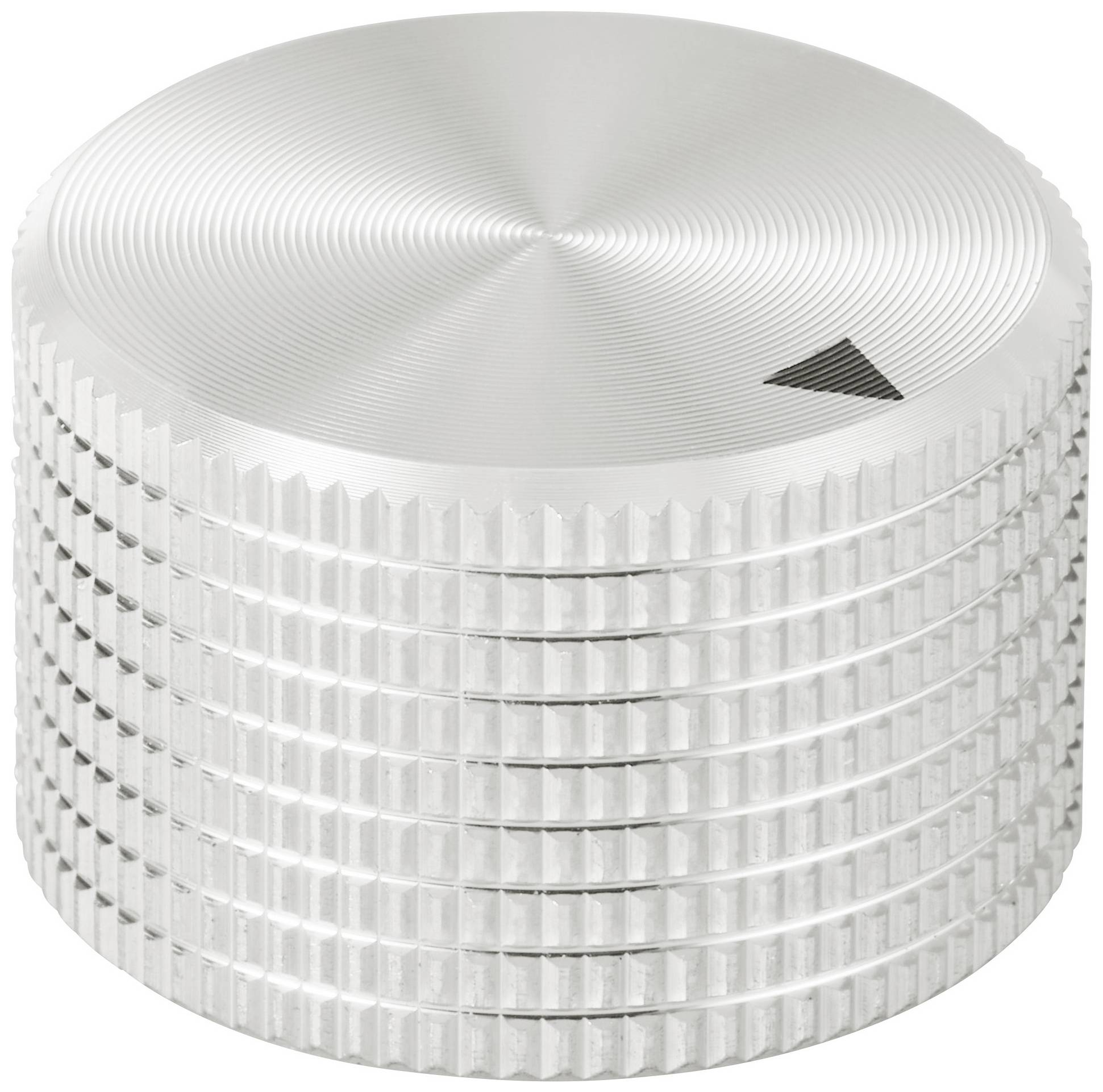 Un bouton rotatif argenté au design strié, probablement utilisé pour commander des appareils électroniques.