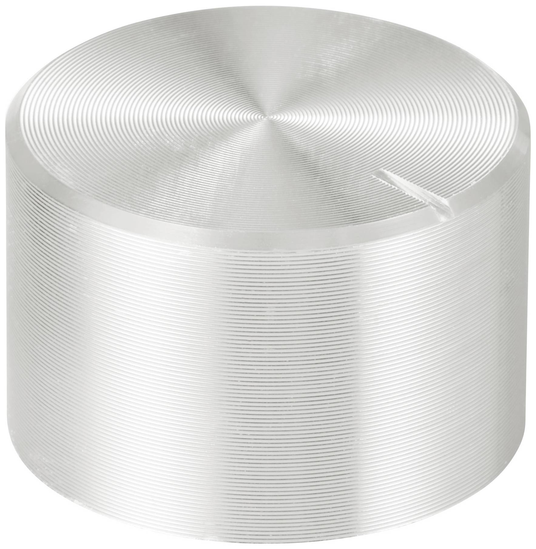 Un bouton métallique argenté, cylindrique, à surface striée et présentant une petite fente sur le dessus.