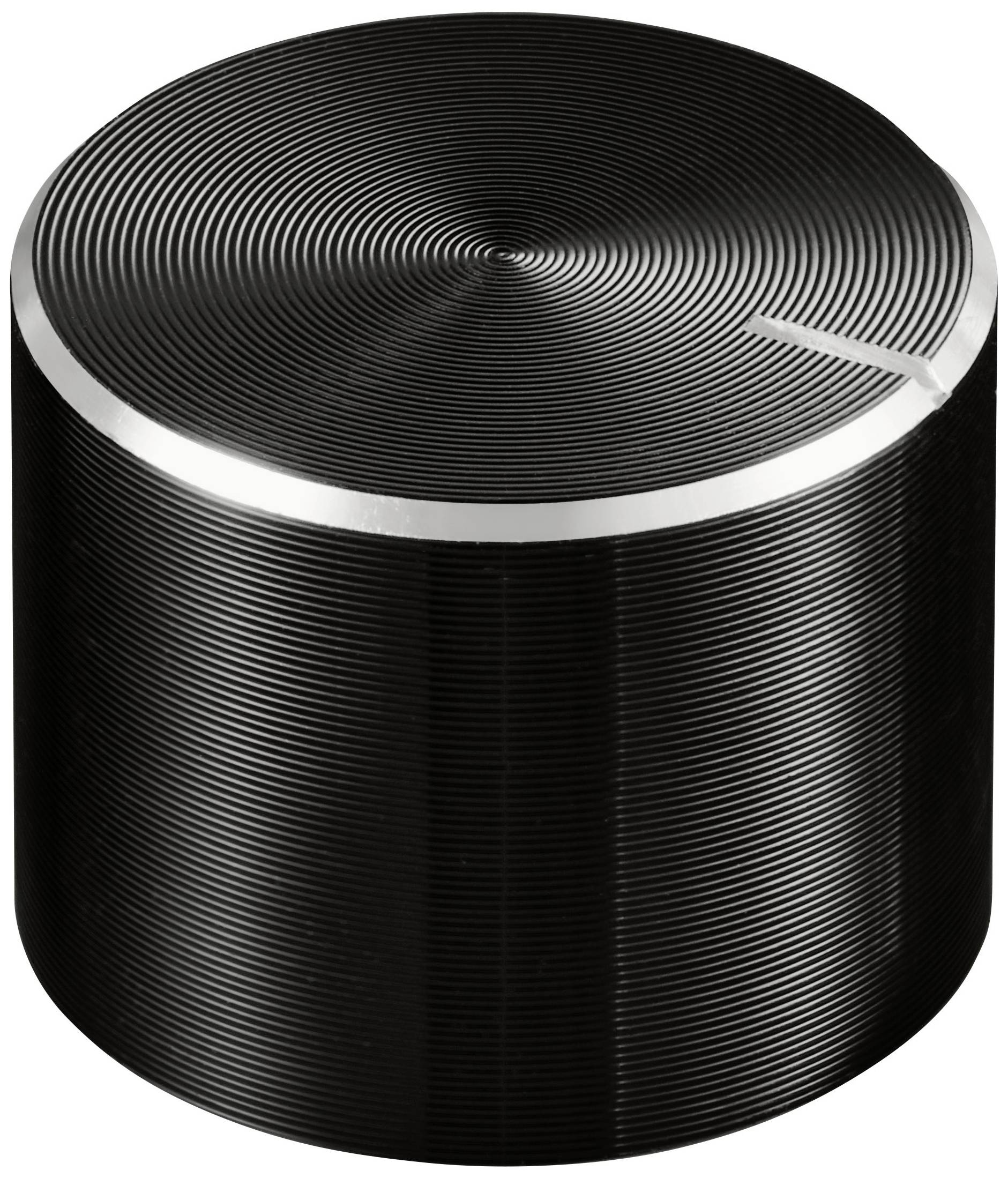 Régulateur de volume cylindrique à surface striée noire et bordure argentée. Un marquage fin indique la position.