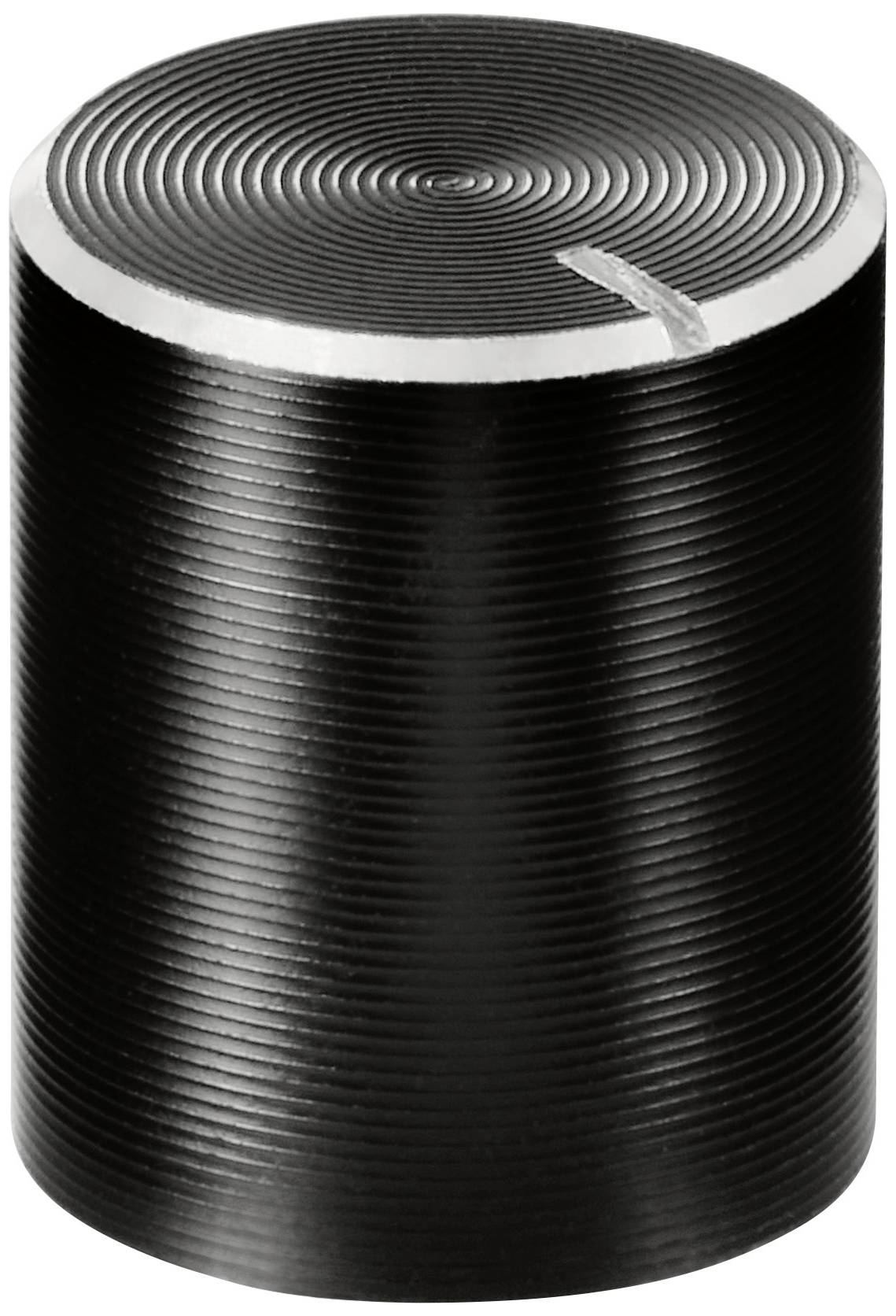 Un bouton métallique cylindrique noir strié, avec une surface supérieure plate et brillante, et une petite encoche.