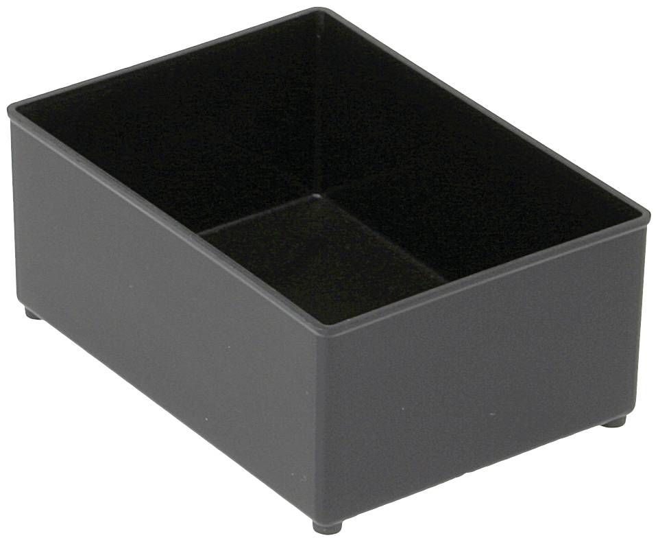 Boîte de rangement rectangulaire en plastique noir, ouverte sur le dessus, adaptée au stockage ou à l'organisation d'objets.