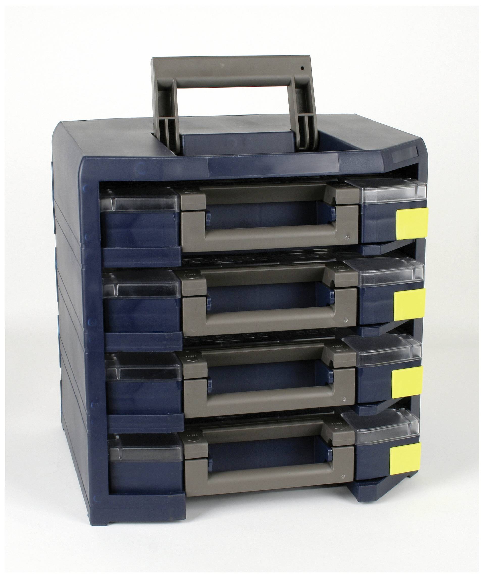 Une boîte à outils bleue avec quatre tiroirs coulissants et une poignée en haut. Chaque tiroir est doté d'une étiquette jaune.