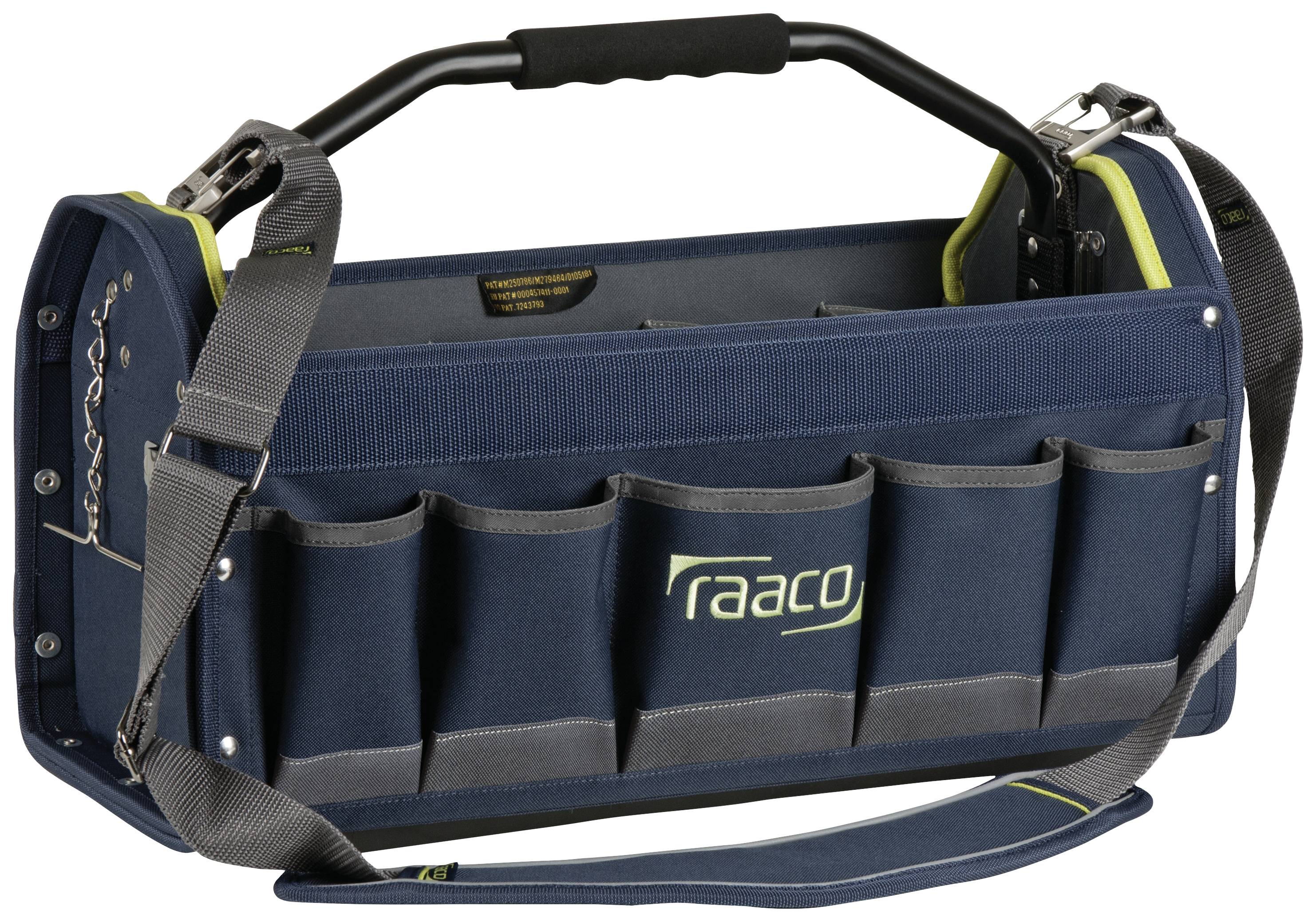 L'image présente un sac à outils bleu foncé muni d'une poignée de transport et d'une bandoulière. Sur le côté, on peut voir l'inscription 'raaco'.