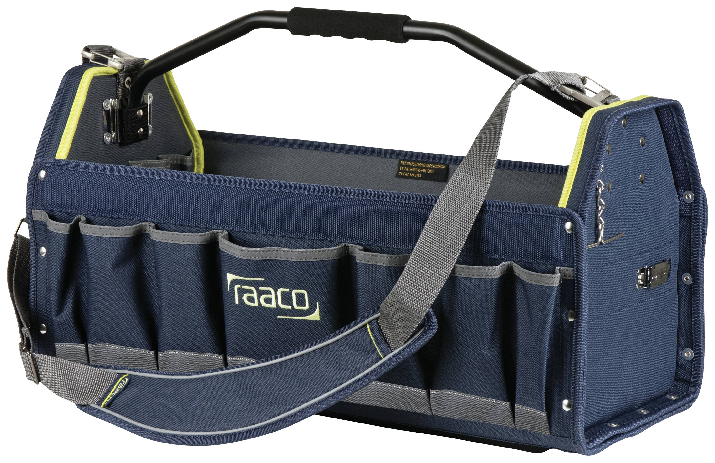 Sac à outils portable avec design ouvert, marque 'raaco', tissu bleu avec bandoulière grise et plusieurs poches extérieures.