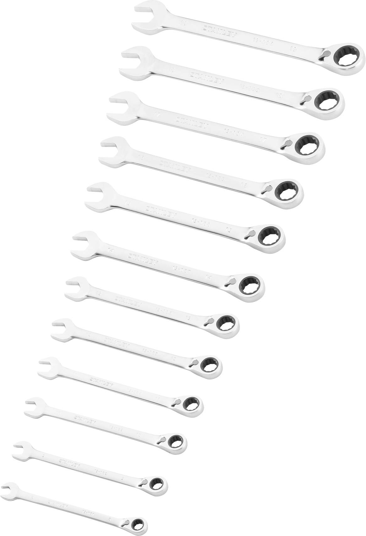 Quatorze clés à molette de différentes tailles, disposées en diagonale par ordre décroissant.