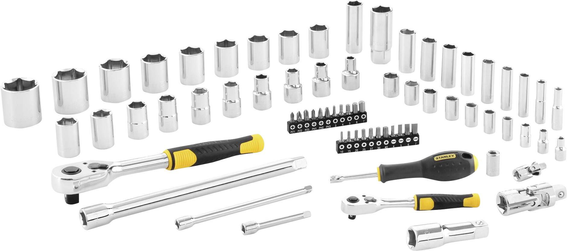 Ensemble d'outils comprenant des clés à douille, des clés à cliquet, des rallonges et des tournevis de différentes tailles, organisés sur un fond blanc.