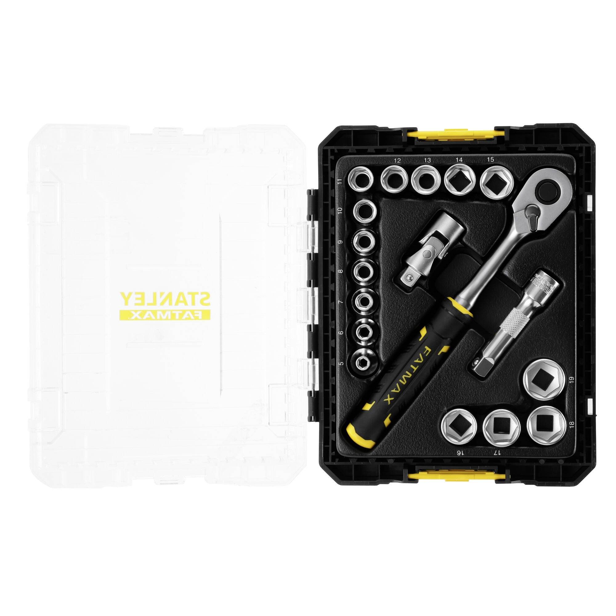 Jeu de clés à cliquet avec poignée jaune, différentes douilles et rallonges dans un coffret noir