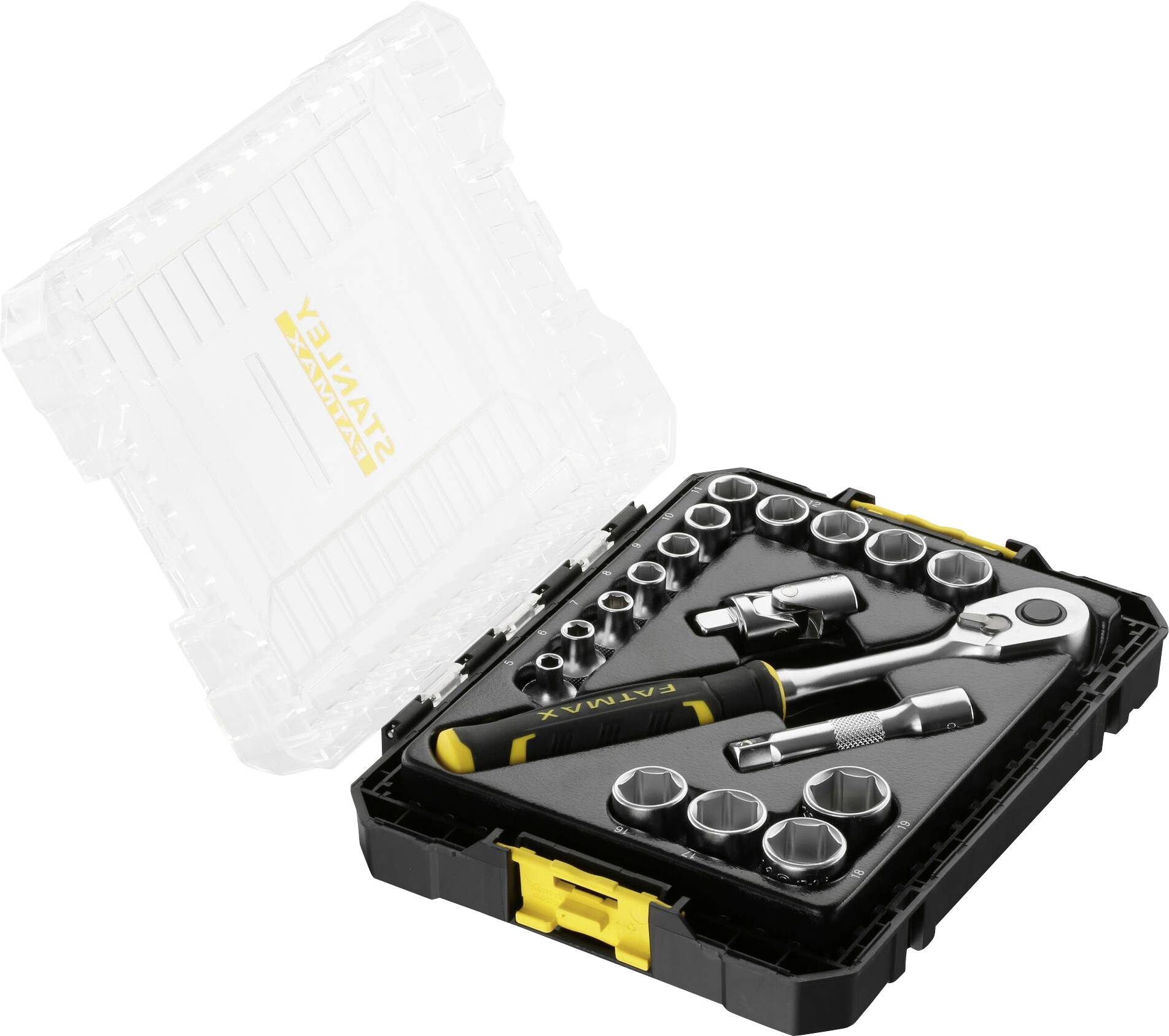 Une boîte à outils noire ouverte contenant différentes douilles, un cliquet et un manche de tournevis, disposés de manière organisée.