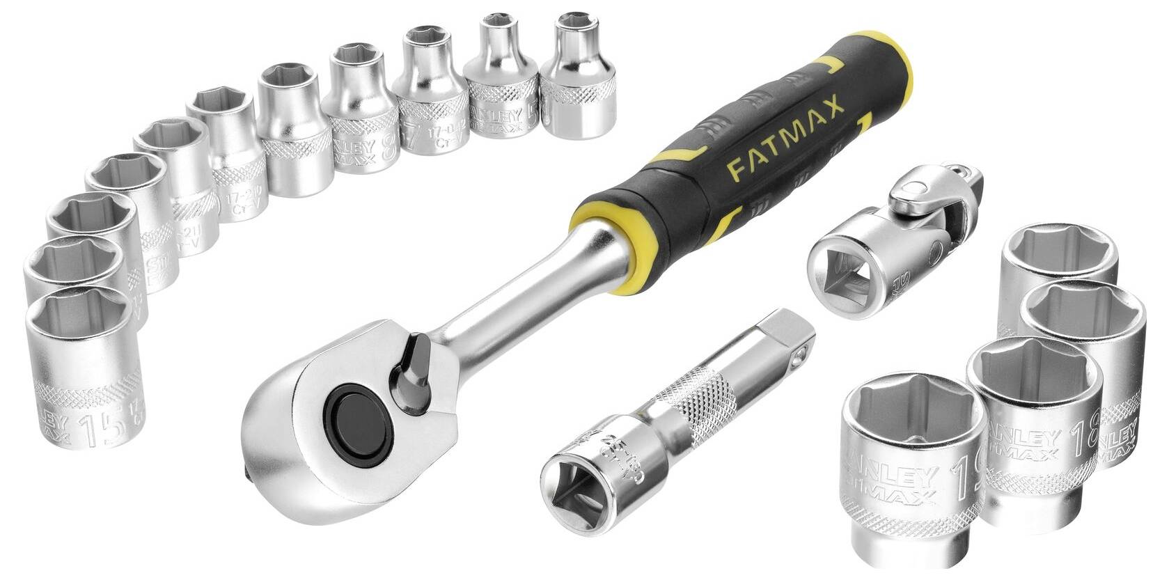 Coffret de clés à cliquet avec différentes douilles et une clé à cliquet, adapté aux travaux mécaniques. Contient 14 pièces de tailles variées.