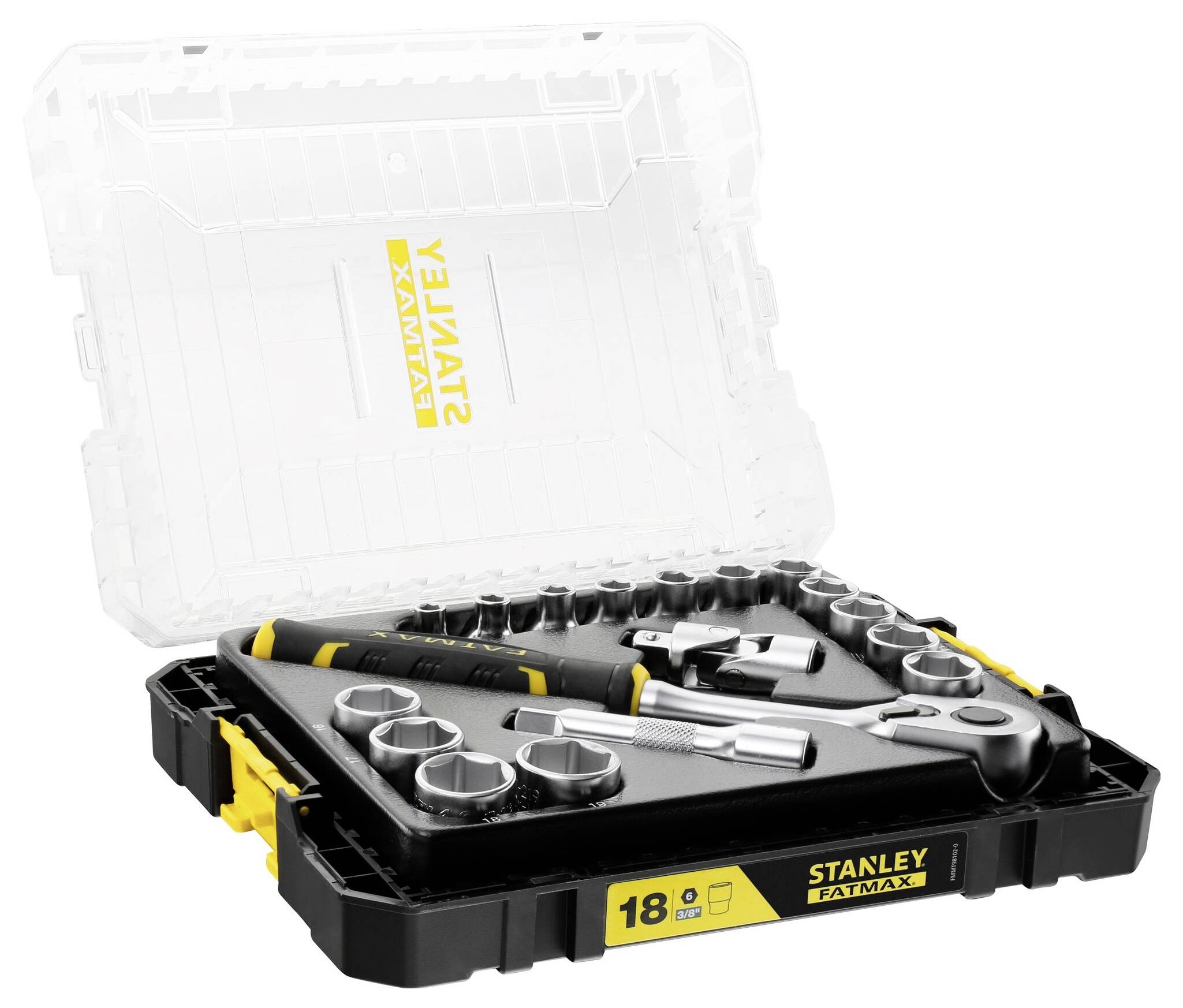 Une boîte à outils ouverte avec une clé à cliquet et des douilles. Sur le coffret est inscrit 'Stanley Fatmax'.