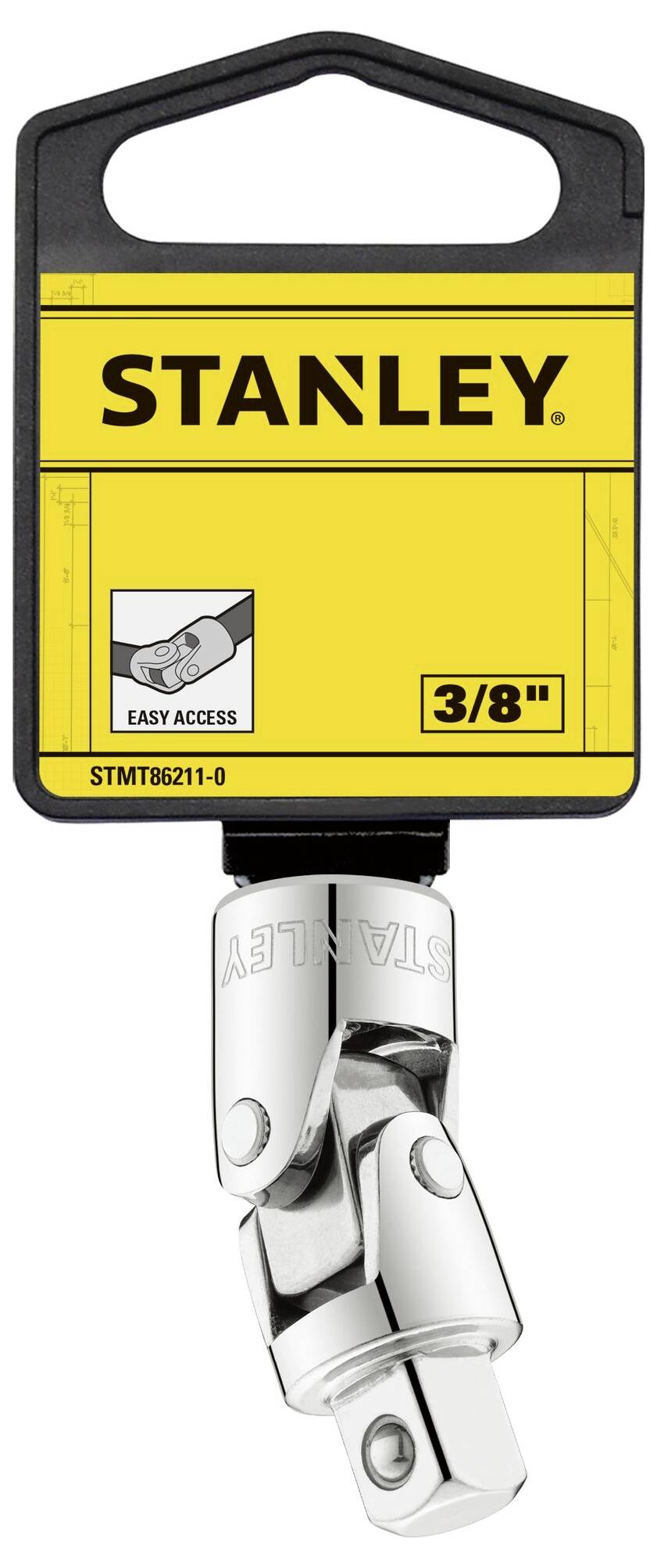 Adaptateur de joint de Stanley, conditionné dans un support jaune, mettant en valeur l'accessibilité de l'adaptateur 3/8 de pouce. Idéal pour une utilisation polyvalente des outils.
