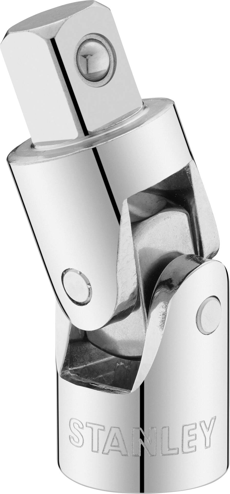 Un joint universel en argent, permettant une rotation flexible des outils. Gravure 'STANLEY' visible.