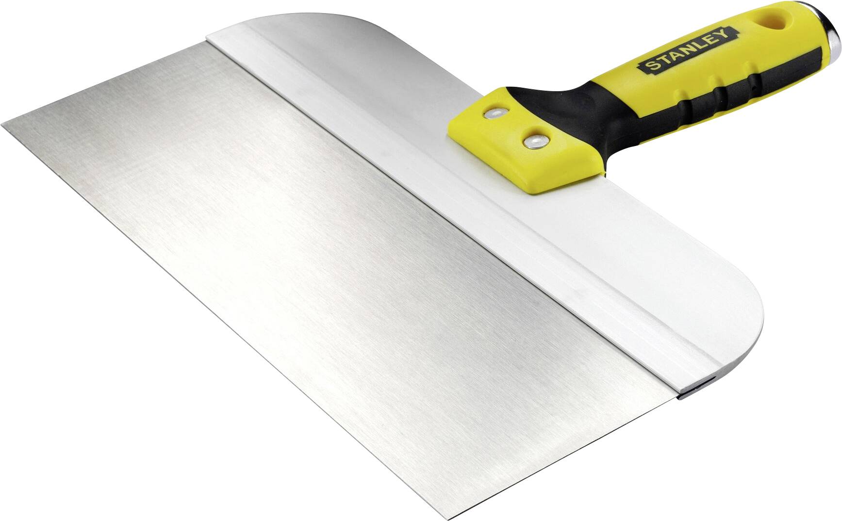 Large spatula tool with a yellow and black handle. Used for spreading materials such as plaster or filler.Translation:Large spatule avec poignée jaune et noire. Utilisée pour étaler des matériaux comme du plâtre ou de l'enduit.