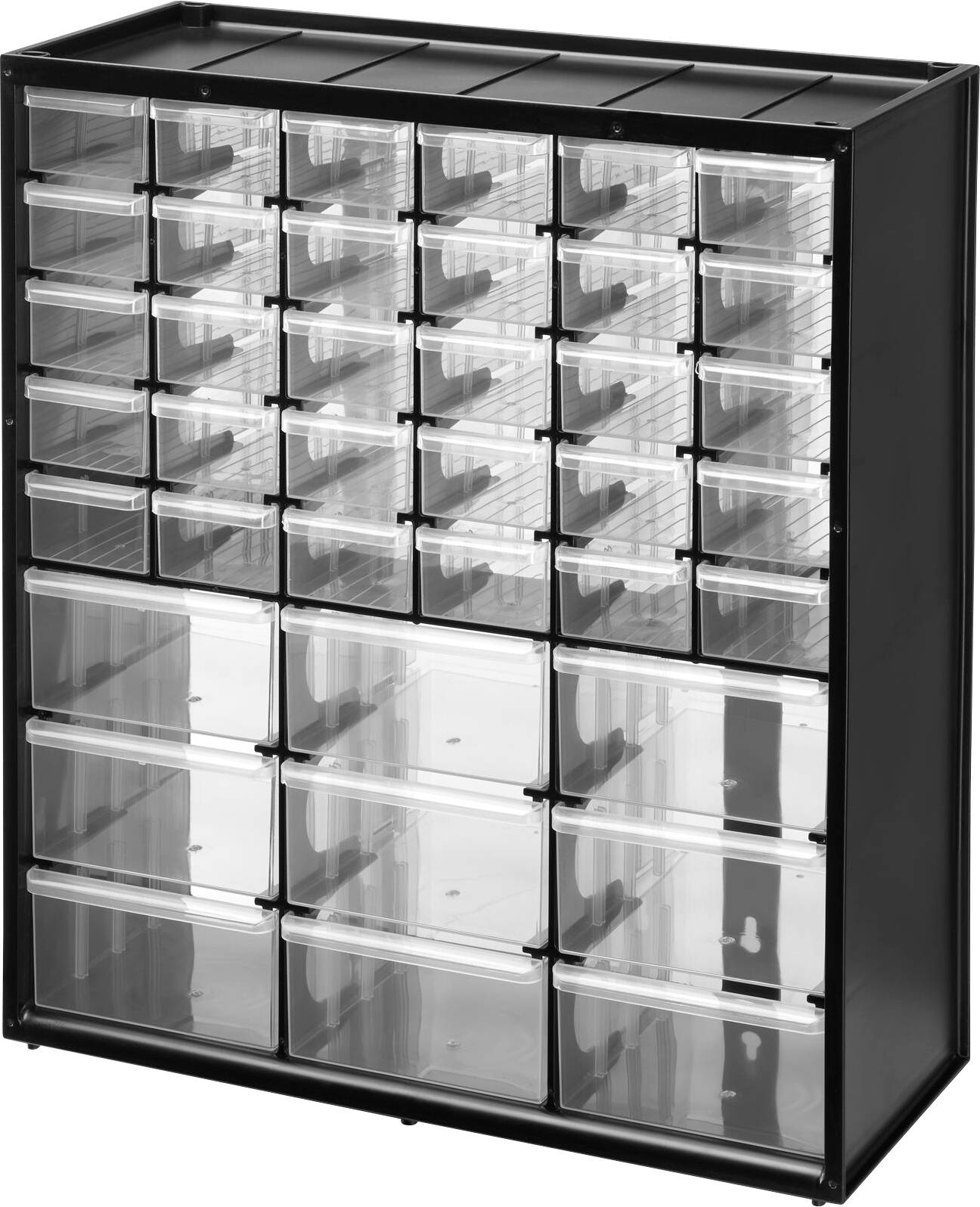 Étagère en plastique noir avec tiroirs transparents de différentes tailles, idéale pour le rangement des petits objets.