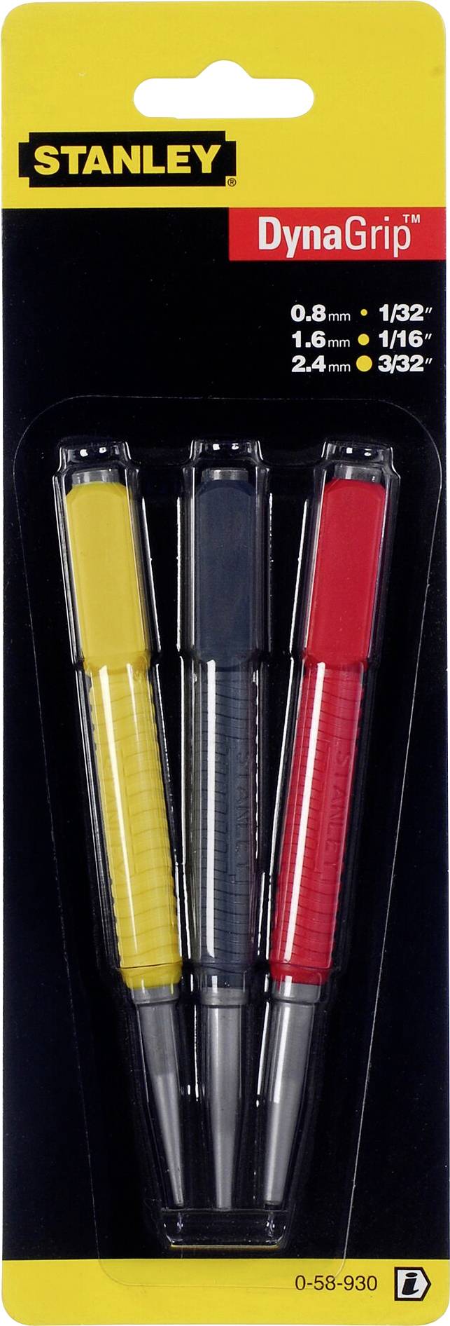 Trois tournevis DynaGrip de Stanley en jaune, noir et rouge de différentes tailles : 0,8 mm, 1,6 mm, 2,4 mm.