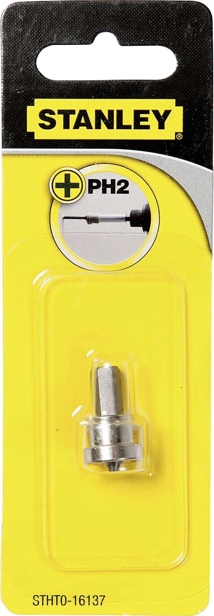 Emballage d'un embout de tournevis Stanley PH2, emballage jaune avec le logo Stanley noir en haut.