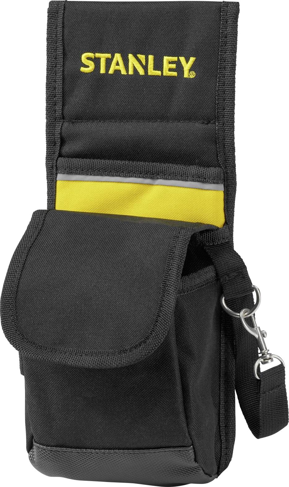 Un sac à outils noir avec un logo 'STANLEY' jaune et plusieurs compartiments. Idéal pour le transport de petits outils.
