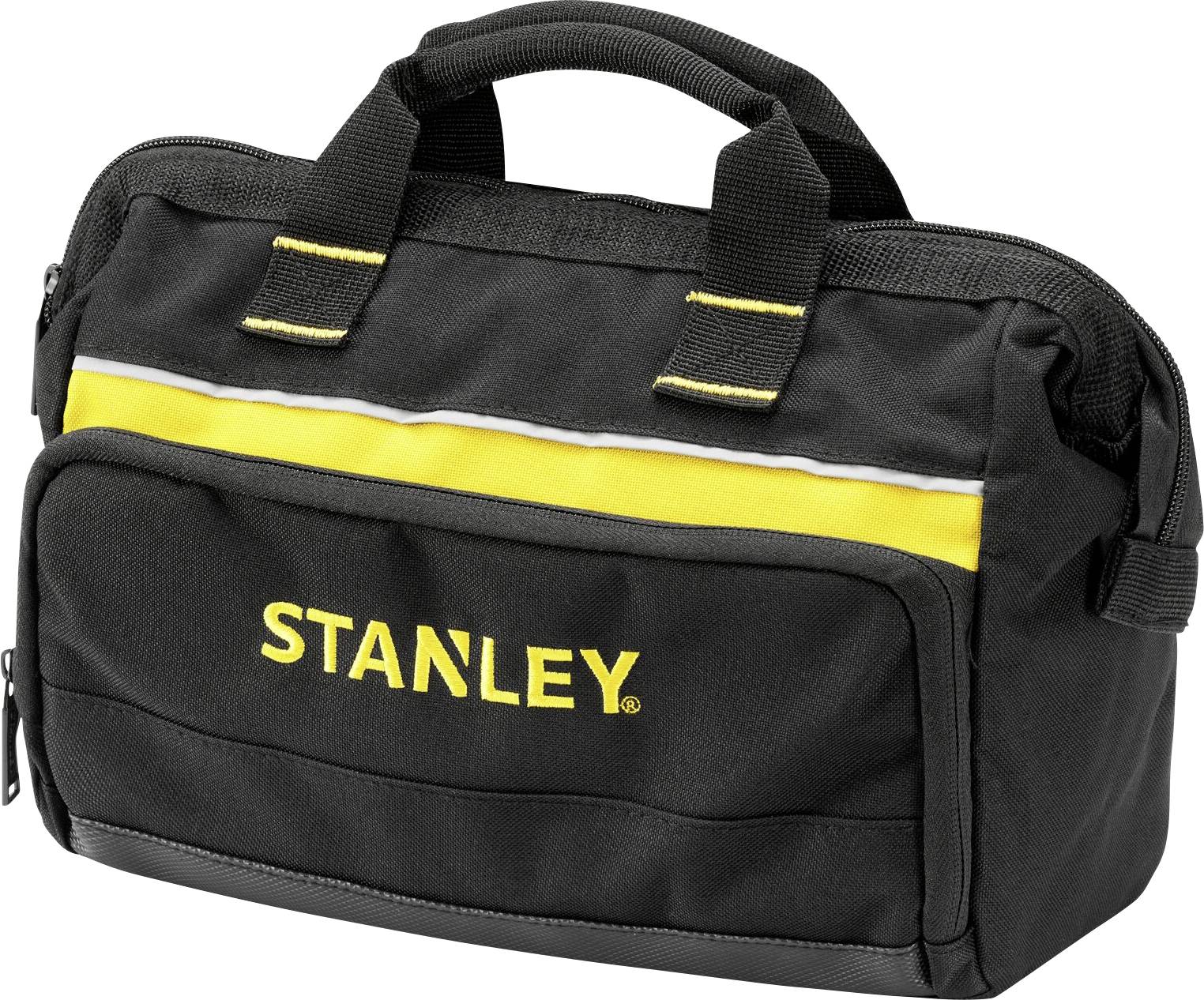 Un sac à outils noir avec une bande jaune et l'inscription 'STANLEY'. Il est doté de deux poignées et d'une fermeture à glissière.