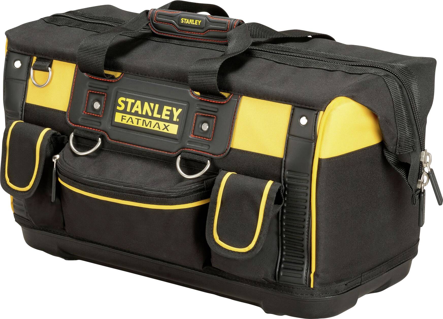 Un sac à outils noir et jaune avec plusieurs compartiments et une fermeture à glissière. Il porte le logo 'Stanley Fatmax'.