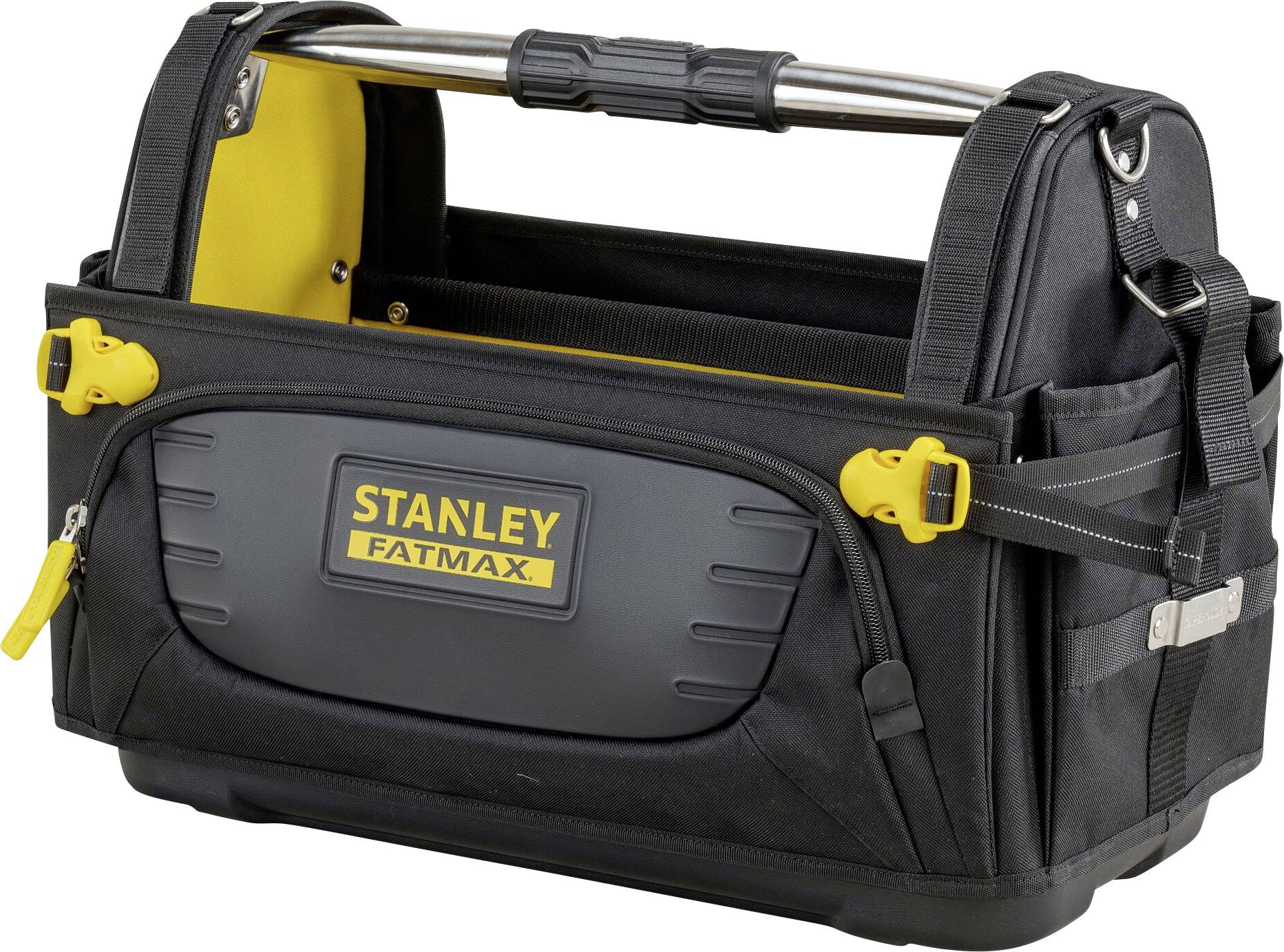 Sac à outils noir avec poignée métallique, accents jaunes et logo 