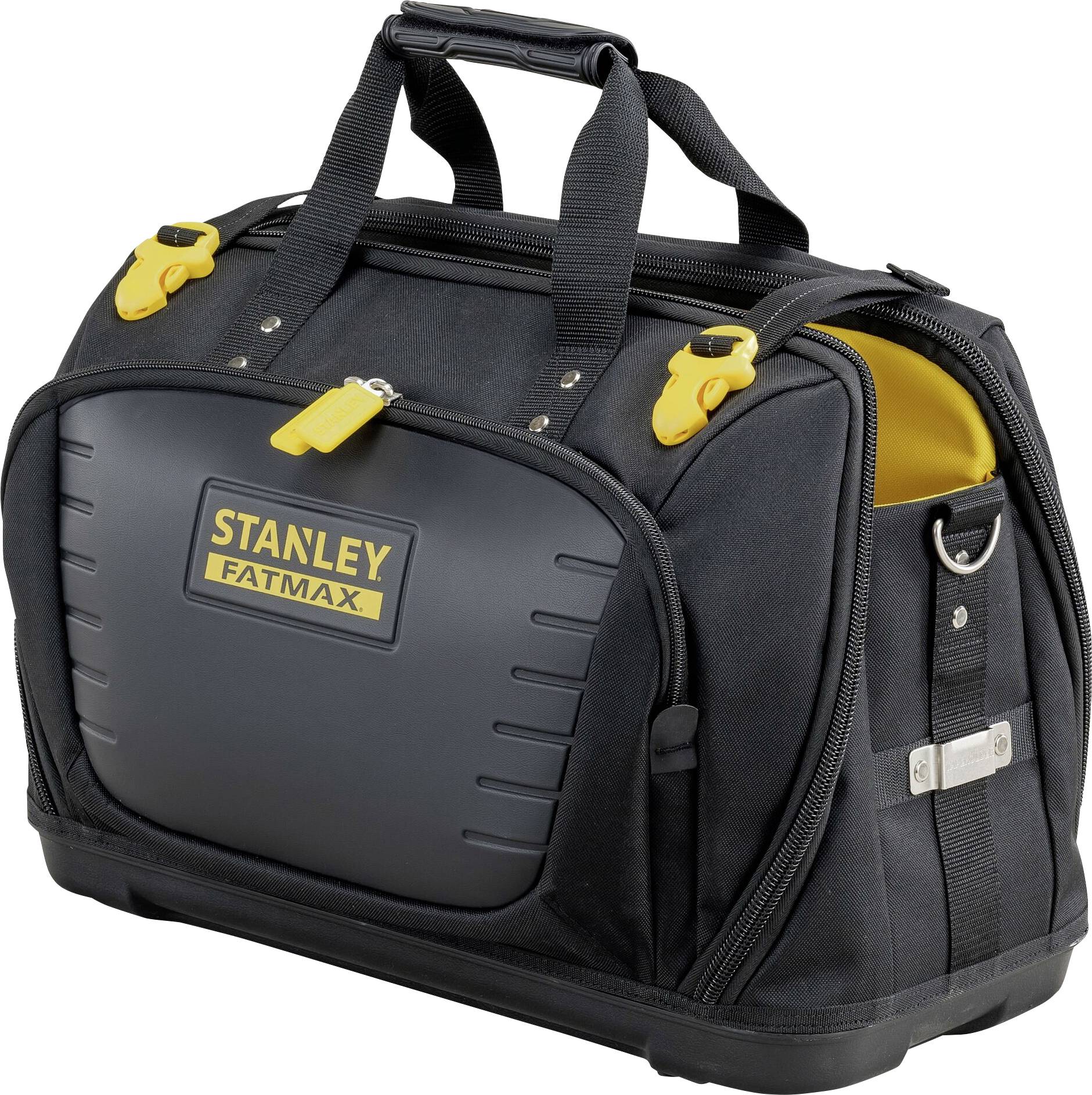 Sacoche à outils noire avec des fermetures jaunes et le logo 'Stanley Fatmax'. Construction robuste, poignées de transport et large base stable.
