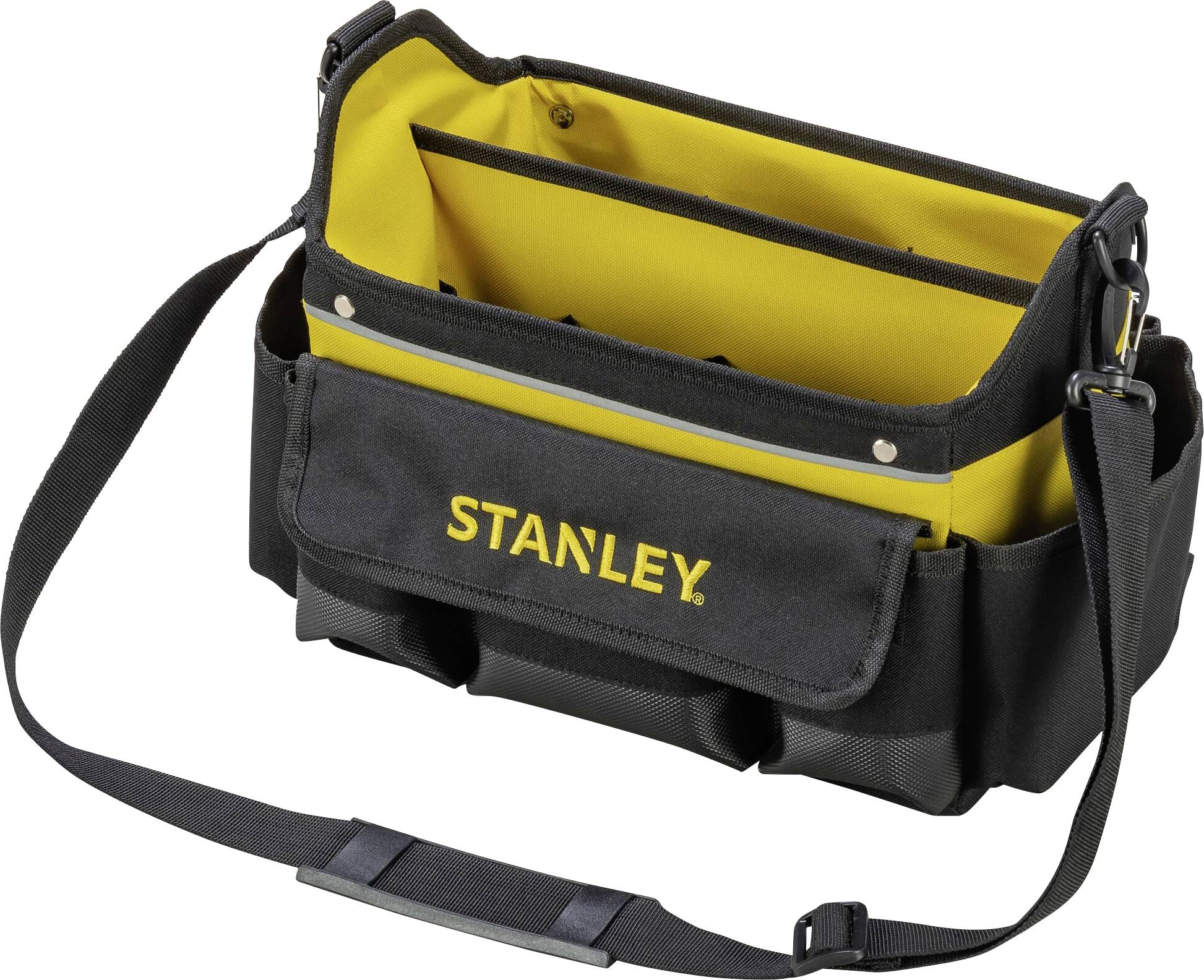Un sac à outils en tissu noir ouvert avec un doublure intérieure jaune et plusieurs compartiments. Sur l'extérieur est inscrit 'Stanley'.