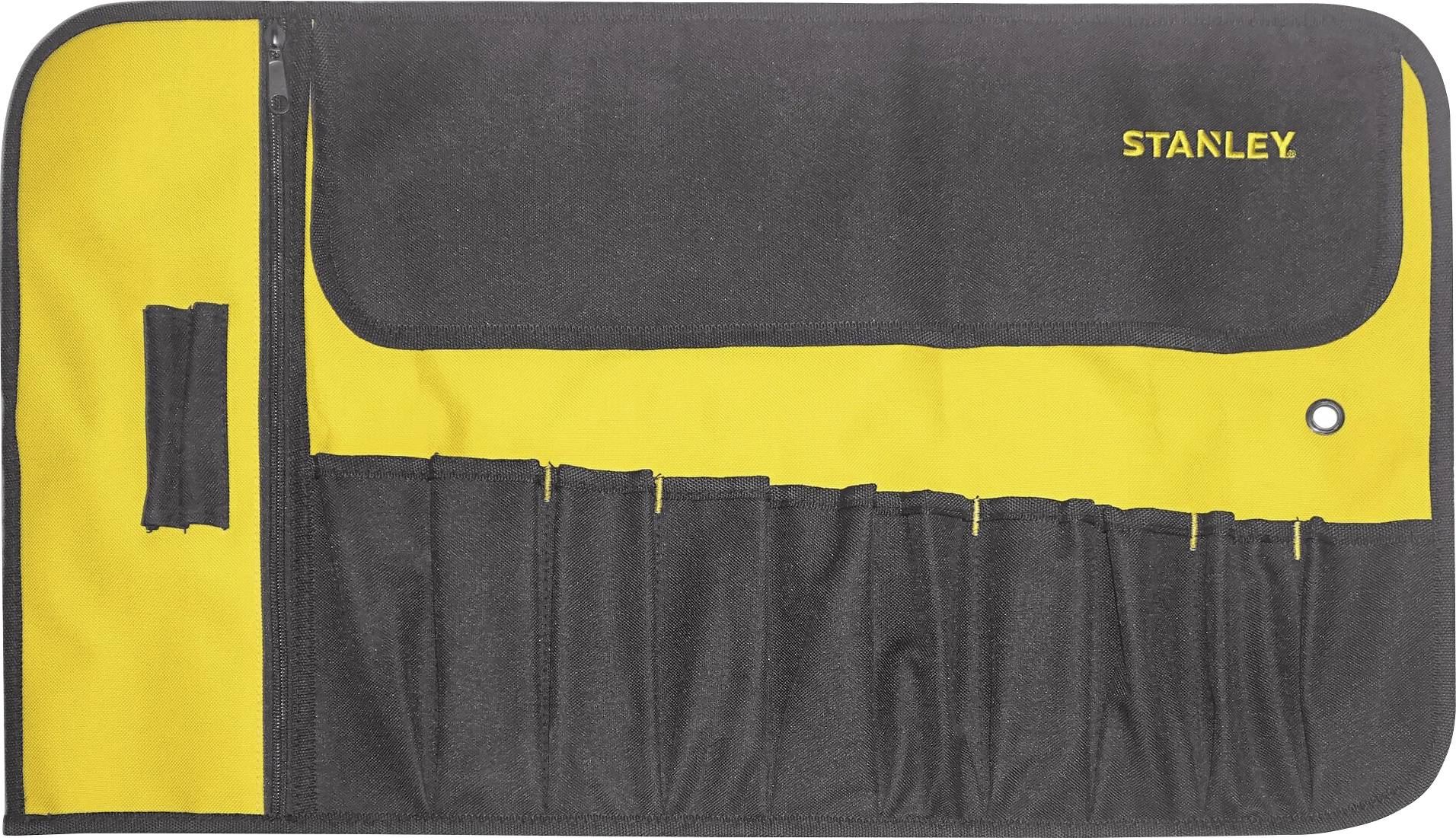 Sac à outils jaune et noir avec plusieurs compartiments pour les outils. Une poche à fermeture éclair sur la gauche, le logo de la marque sur la droite.
