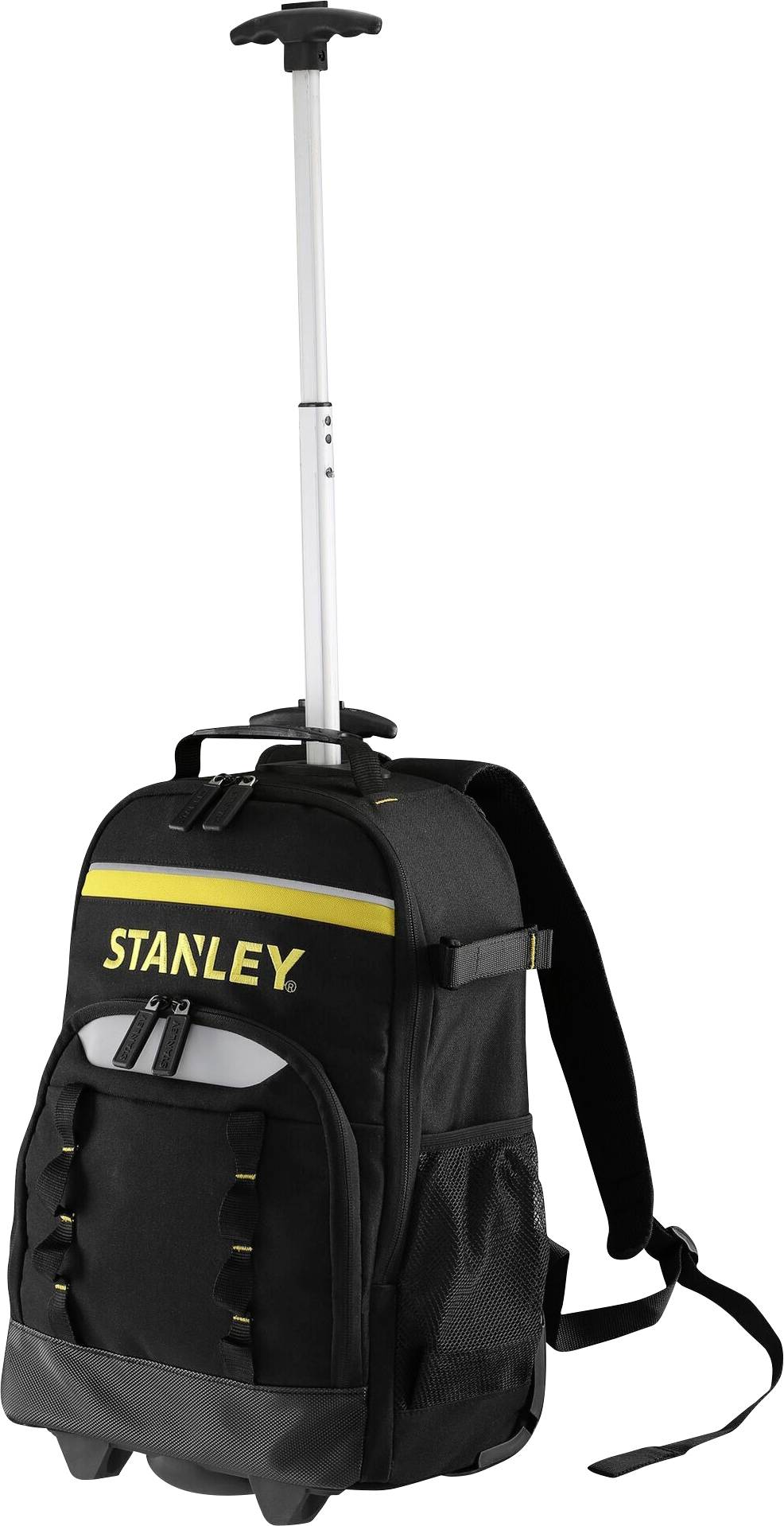 Un sac à dos à roulettes noir avec une poignée télescopique, le nom de marque 'Stanley' en jaune sur l'avant, plusieurs compartiments et sangles de transport.