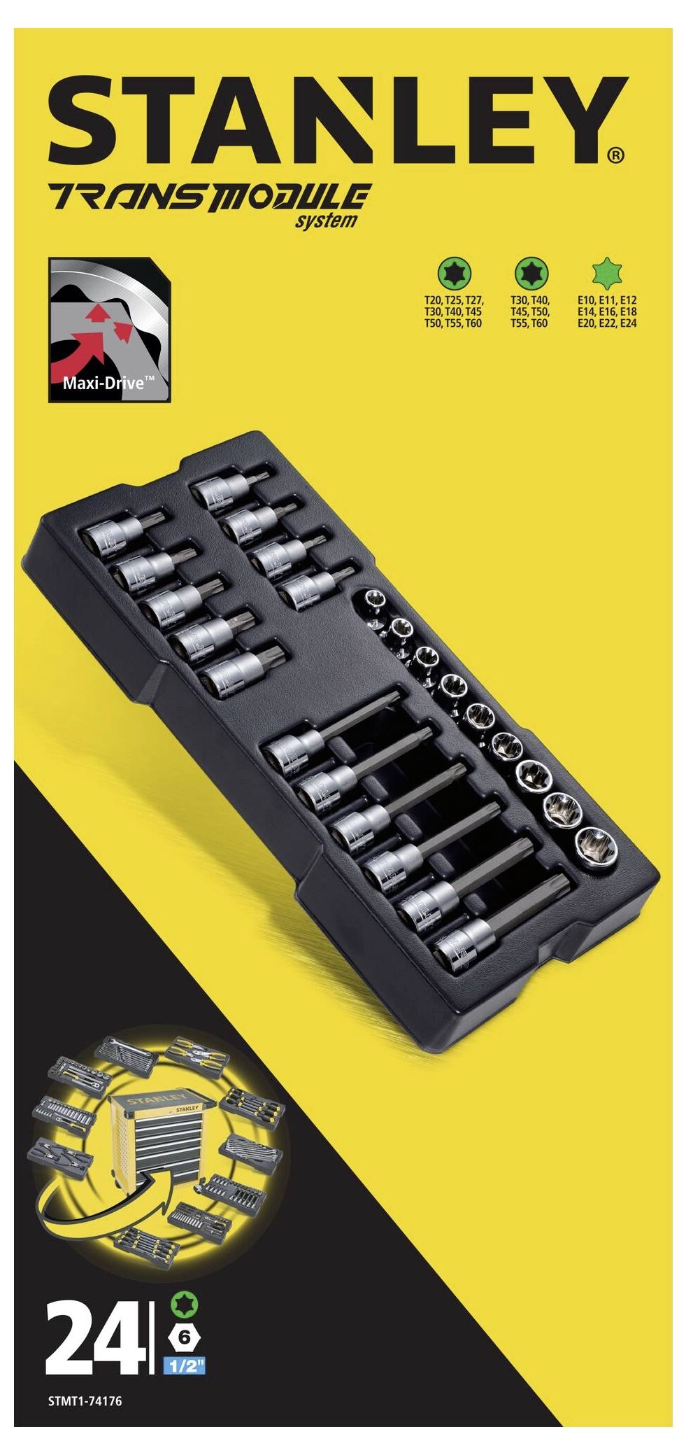 Ensemble de clés à douille du Système Transmodule STANLEY, composé de 24 pièces, représenté sur un fond jaune. Logo de la marque en haut à gauche.