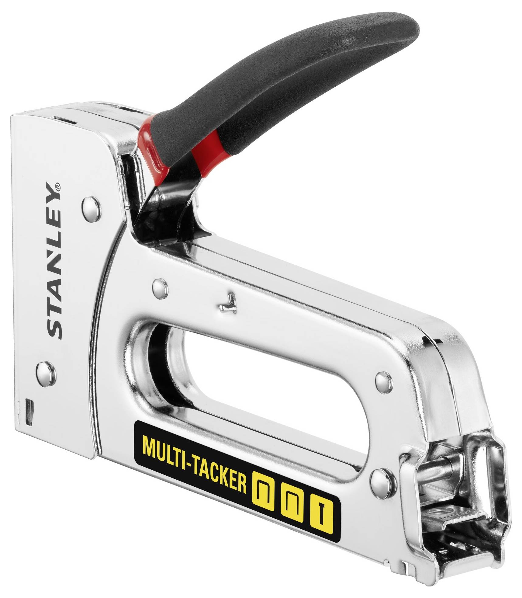 Un tacker métallique de la marque Stanley avec une poignée noire et une étiquette jaune 'MULTI-TACKER', adapté pour diverses tâches d'agrafage.