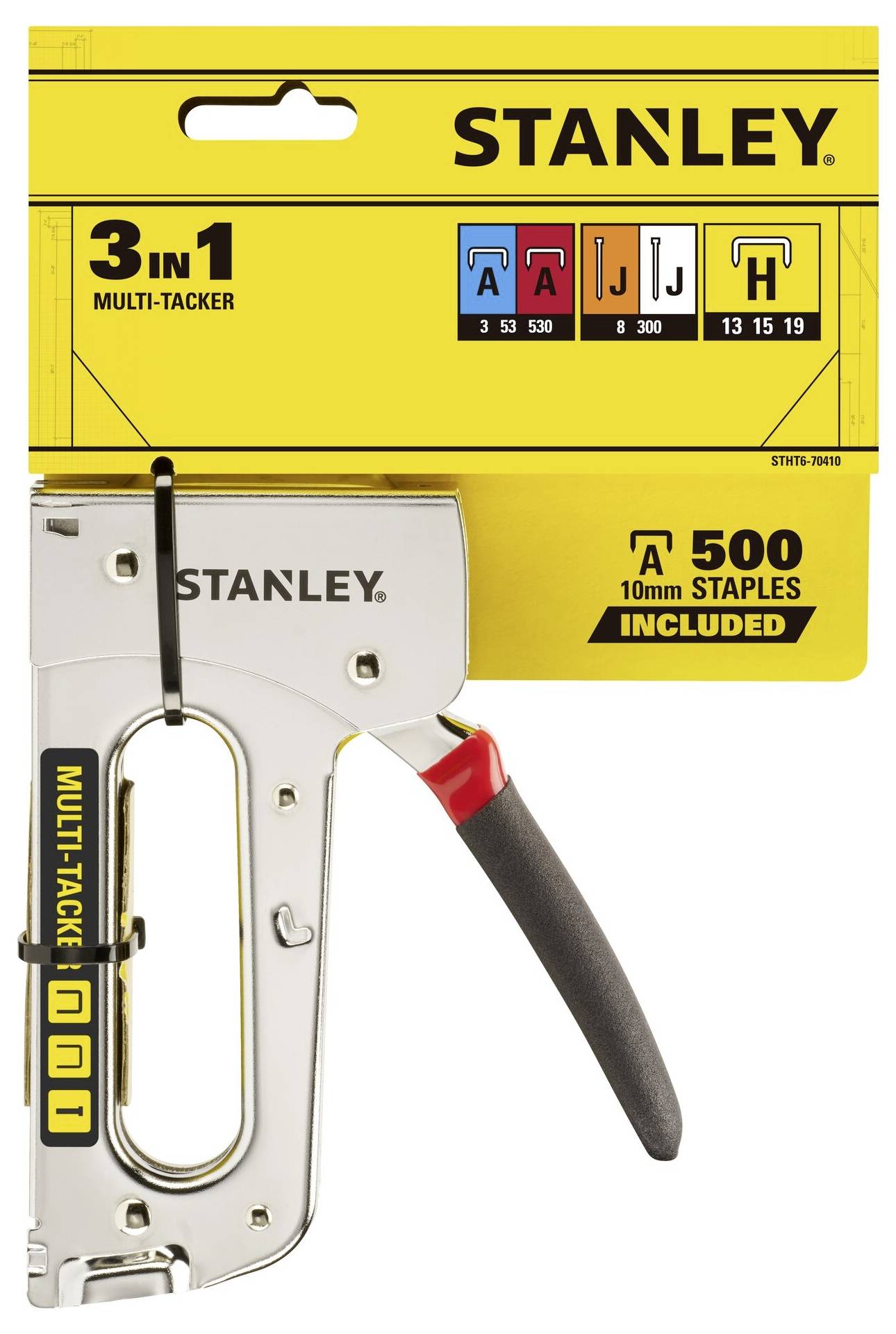 'Stanley 3-en-1 Multi-Tacker' avec 500 agrafes de 10 mm. Indique les types et couleurs d'agrafes : A, I, H. Conception de l'emballage.