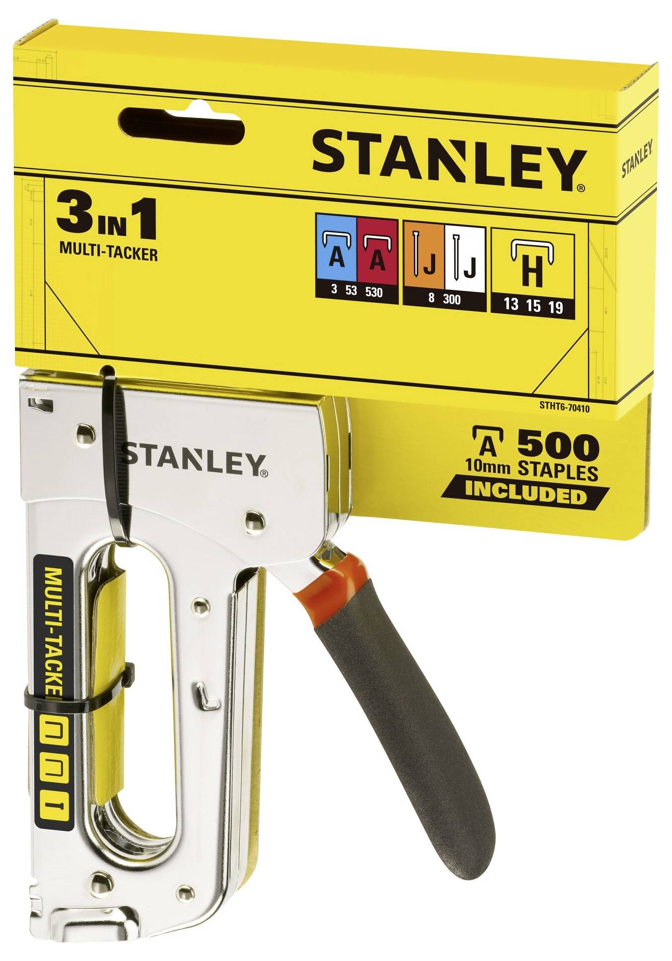 Un 'Multi-Tacker 3 en 1' de Stanley, de couleur argent avec une poignée noire, devant un emballage jaune ; 500 agrafes incluses.