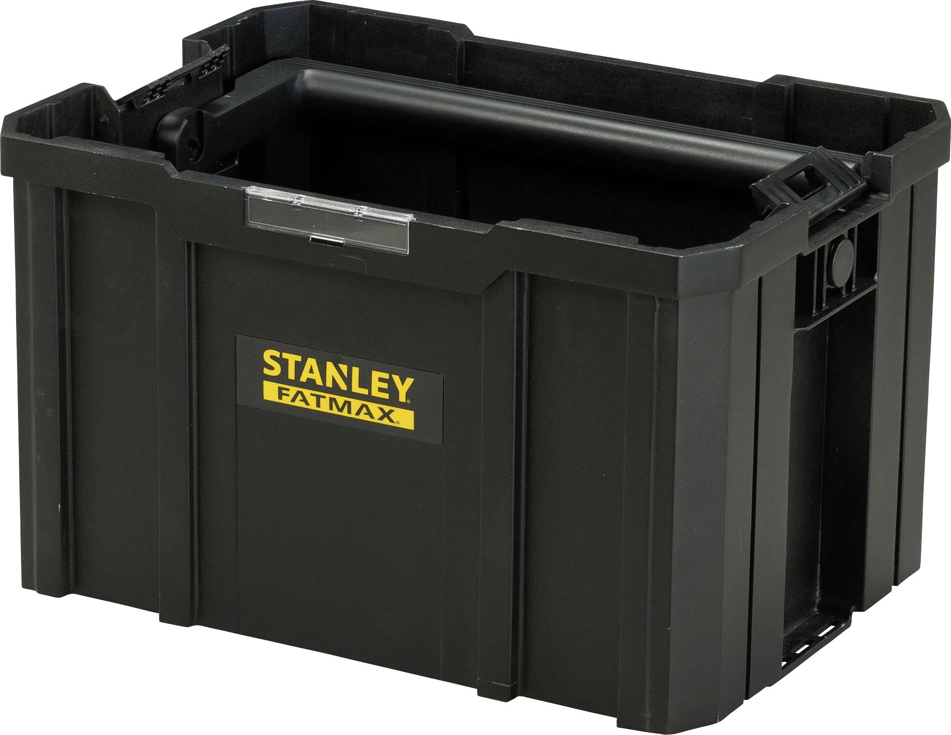 Boîte à outils noire avec étiquette jaune 'Stanley Fatmax'. Forme rectangulaire, design robuste. Idéale pour le transport et le rangement des outils.