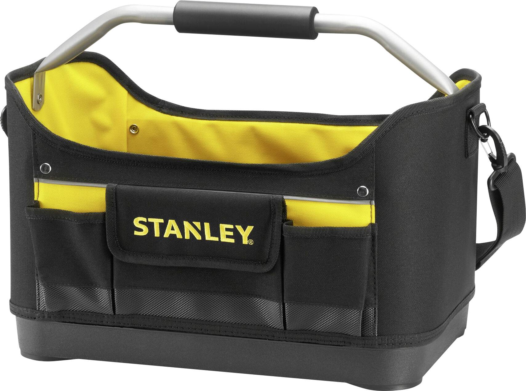 Sac à outils noir et jaune avec une poignée argentée et plusieurs compartiments. Inscription 'STANLEY' sur le devant.