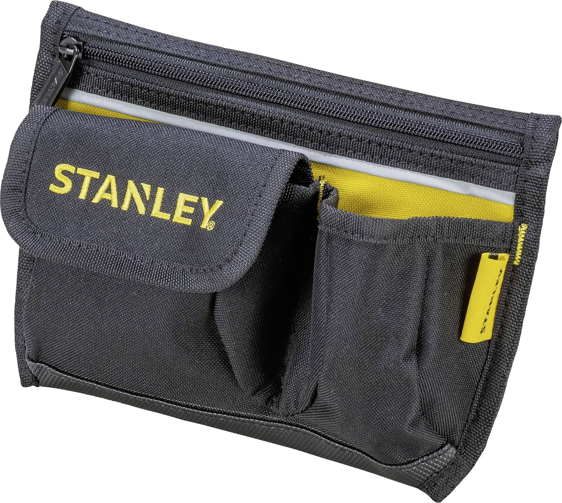 Sac à outils noir avec logo jaune 'Stanley', compartiment à fermeture éclair et plusieurs petites poches extérieures pour le rangement des outils.