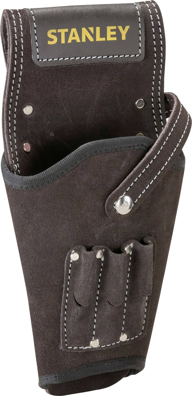 Étui à outils en cuir noir avec logo jaune 'STANLEY' en haut ; comporte des compartiments pour petits outils.