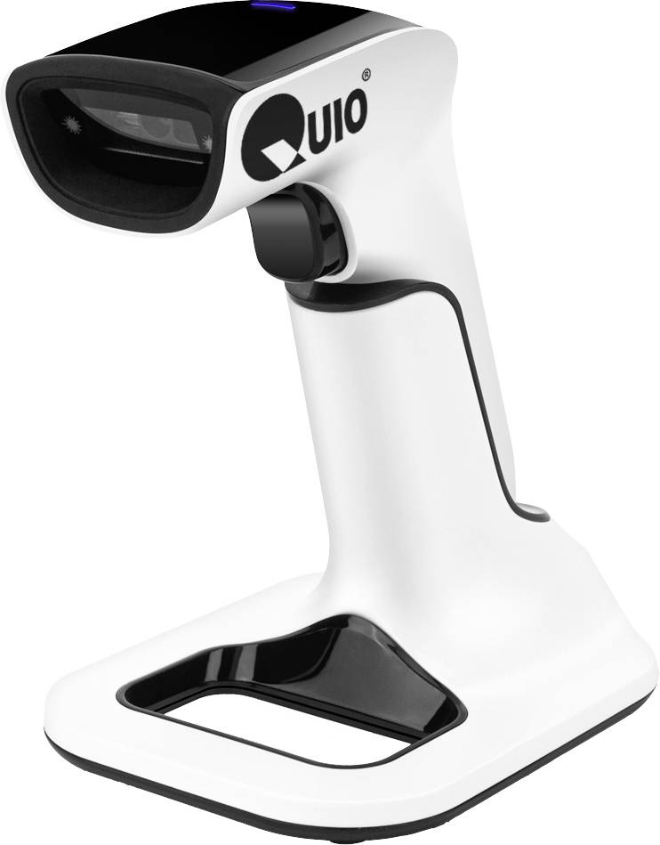 QUIO QU-ER-332 Lecteur de code-barres 1D, 2D LED blanc/noir scanner à main avec pied Bluetooth, USB, radio 2,4 GHz