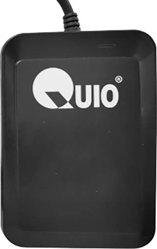 Disque dur externe avec boîtier noir et câble, portant le logo 'QUIO'.