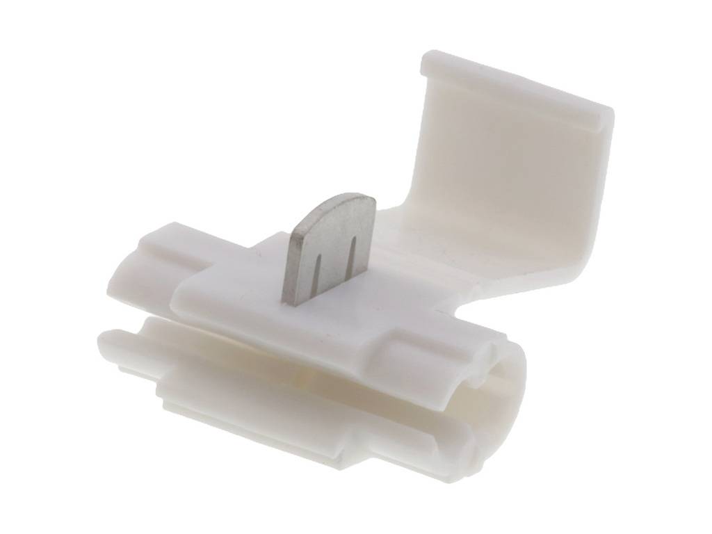 Fiche électrique blanche en plastique avec deux emplacements et une pince métallique au centre, utilisée pour les connexions électriques.