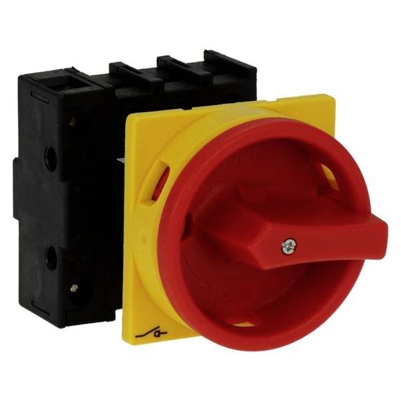 Un bouton d'arrêt d'urgence rouge sur un fond jaune. L'interrupteur est placé de manière centrale et peut être utilisé pour un arrêt immédiat.
