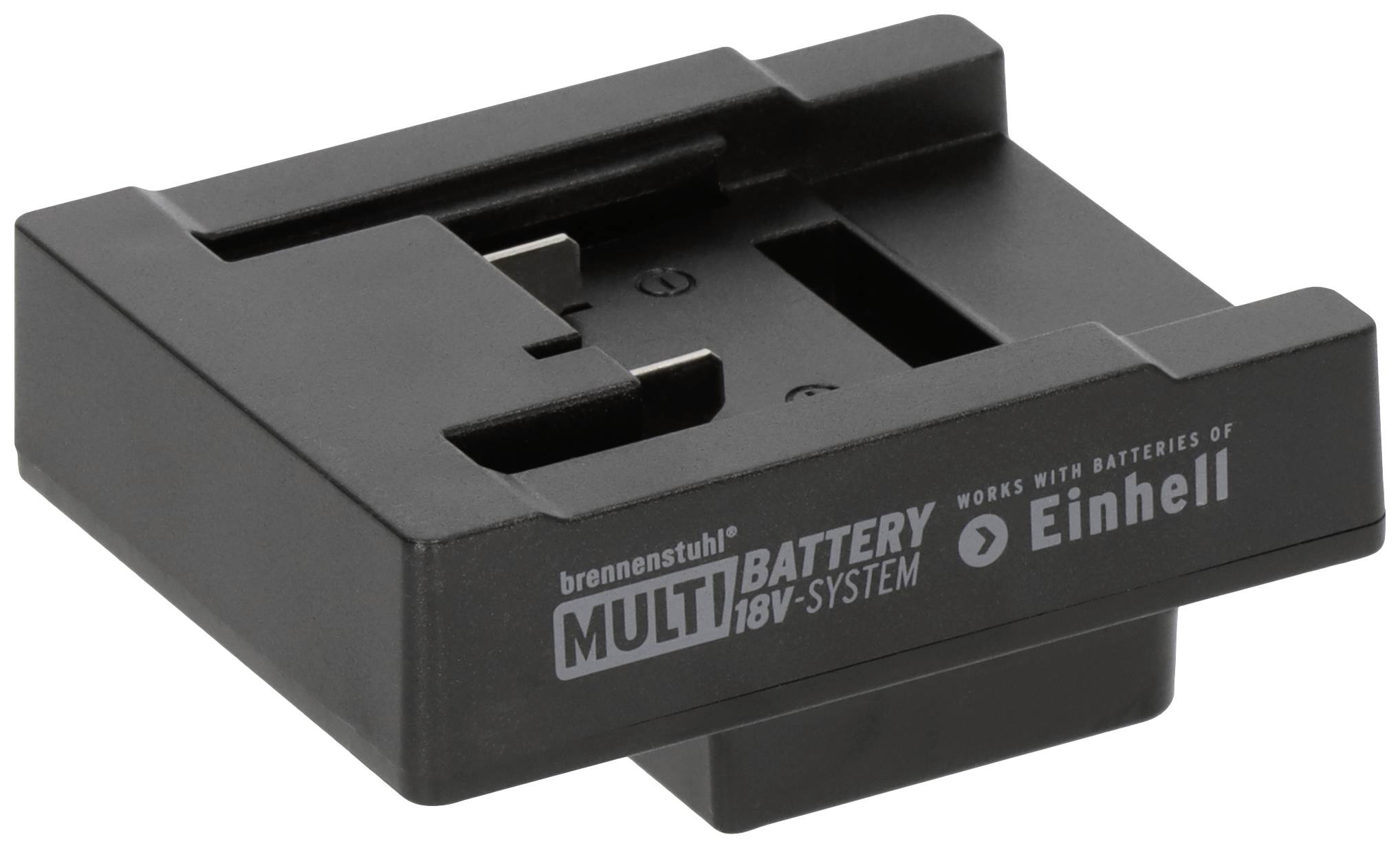 Adaptateur noir pour batteries Einhell 18V dans le système multi-batteries de Brennenstuhl. Inscription de compatibilité visible.