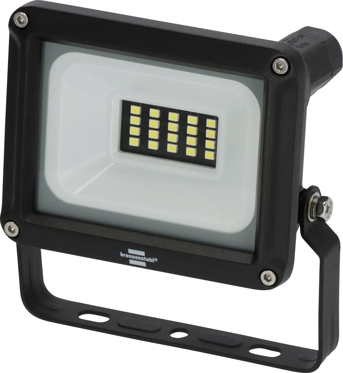 Projecteur LED noir avec support de montage et panneau frontal de petites LED jaunes sur un réflecteur blanc.