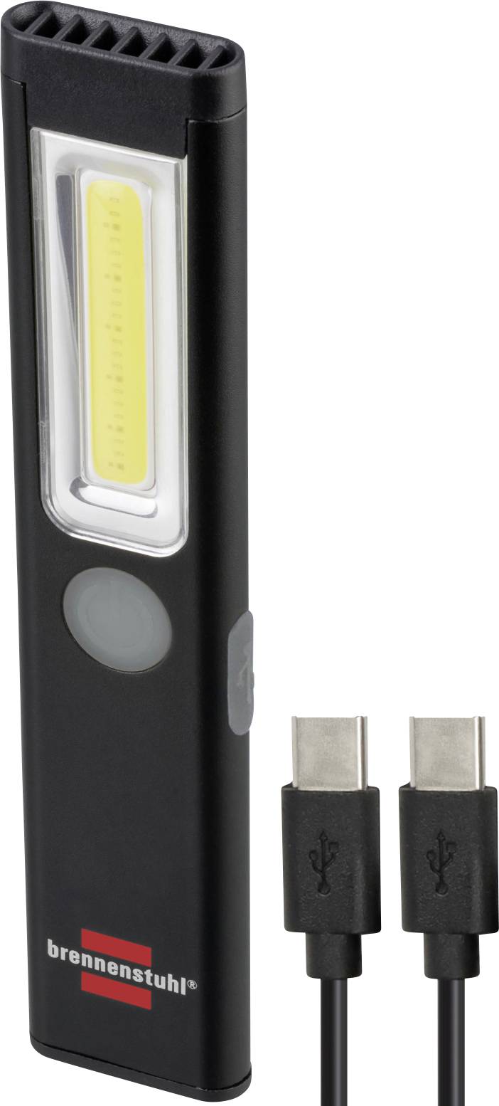 Lampe de travail LED rechargeable noire avec câble USB-C et base magnétique circulaire présentée à côté