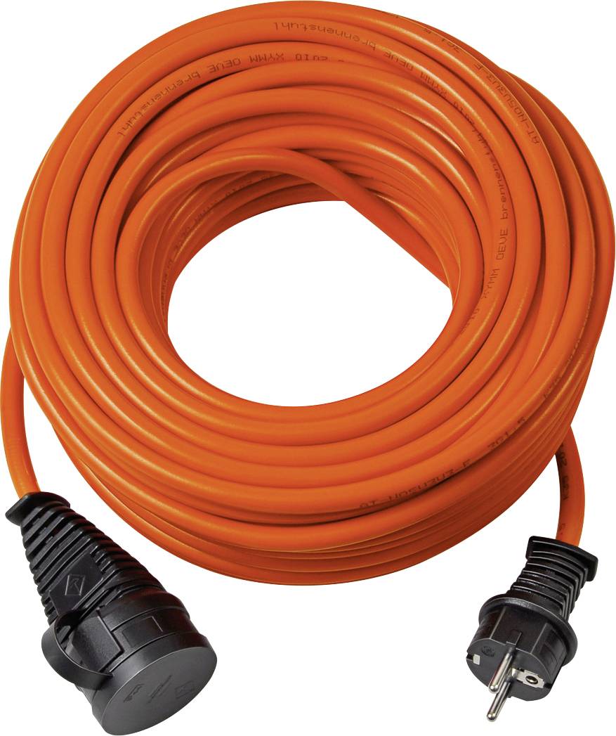 Câble de rallonge orange enroulé avec des extrémités de prise et de socle noirs sur un fond blanc.